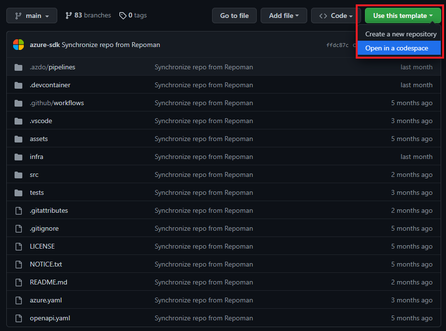 Screenshot zum Auswählen der Option zum Öffnen einer Vorlage in einem Codespace über die GitHub Repo UI.