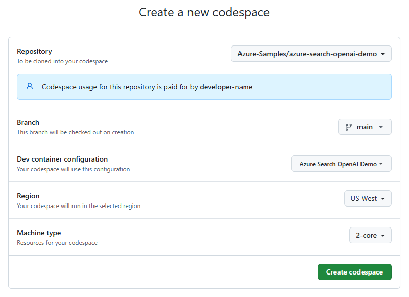 Screenshot des Bestätigungsbildschirms zum Erstellen eines neuen GitHub-Codespaces für das Beispiel.