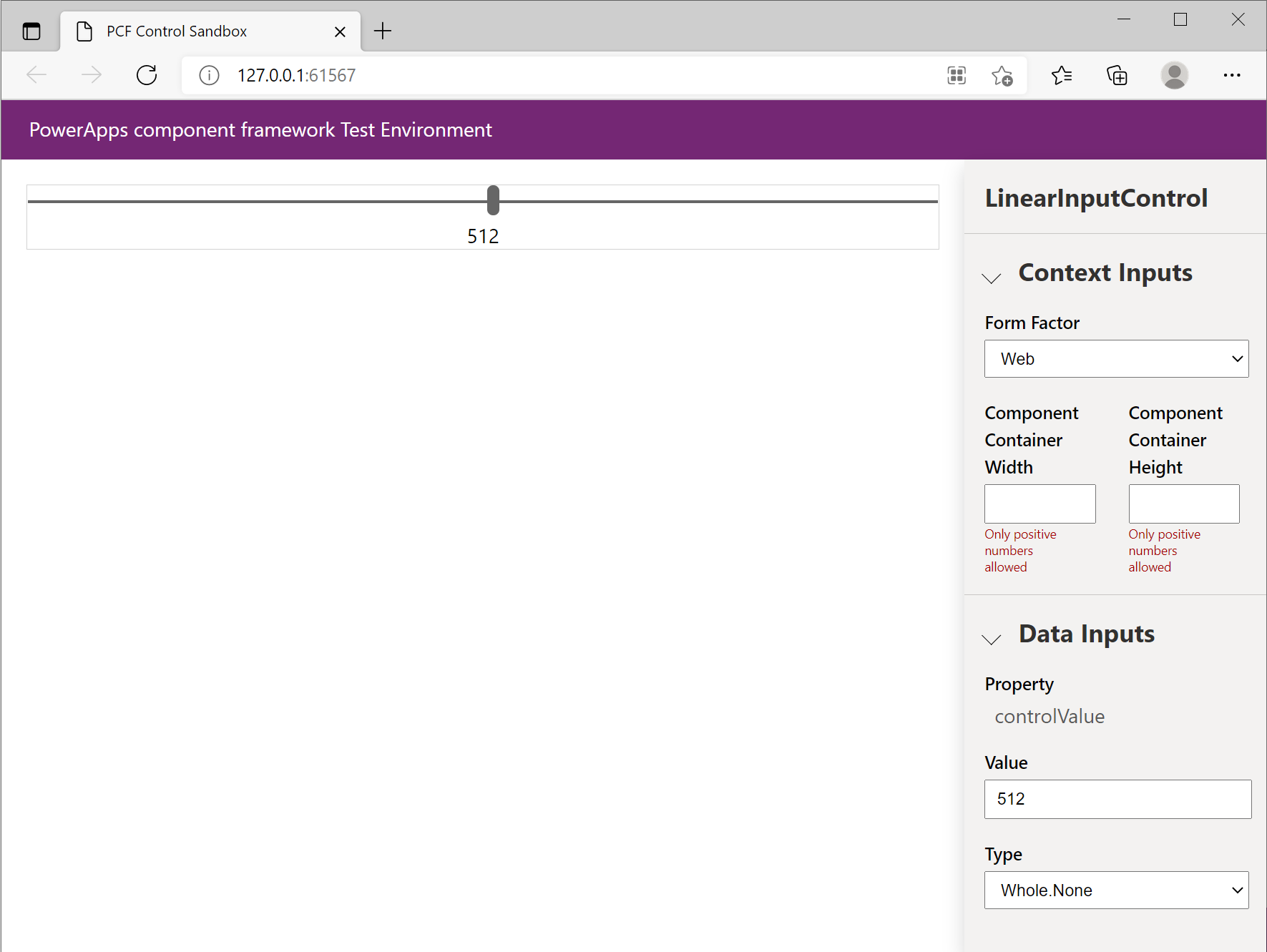 Screenshot der Dateneingabefelder der Testumgebung für die Eigenschaften der Codekomponente.