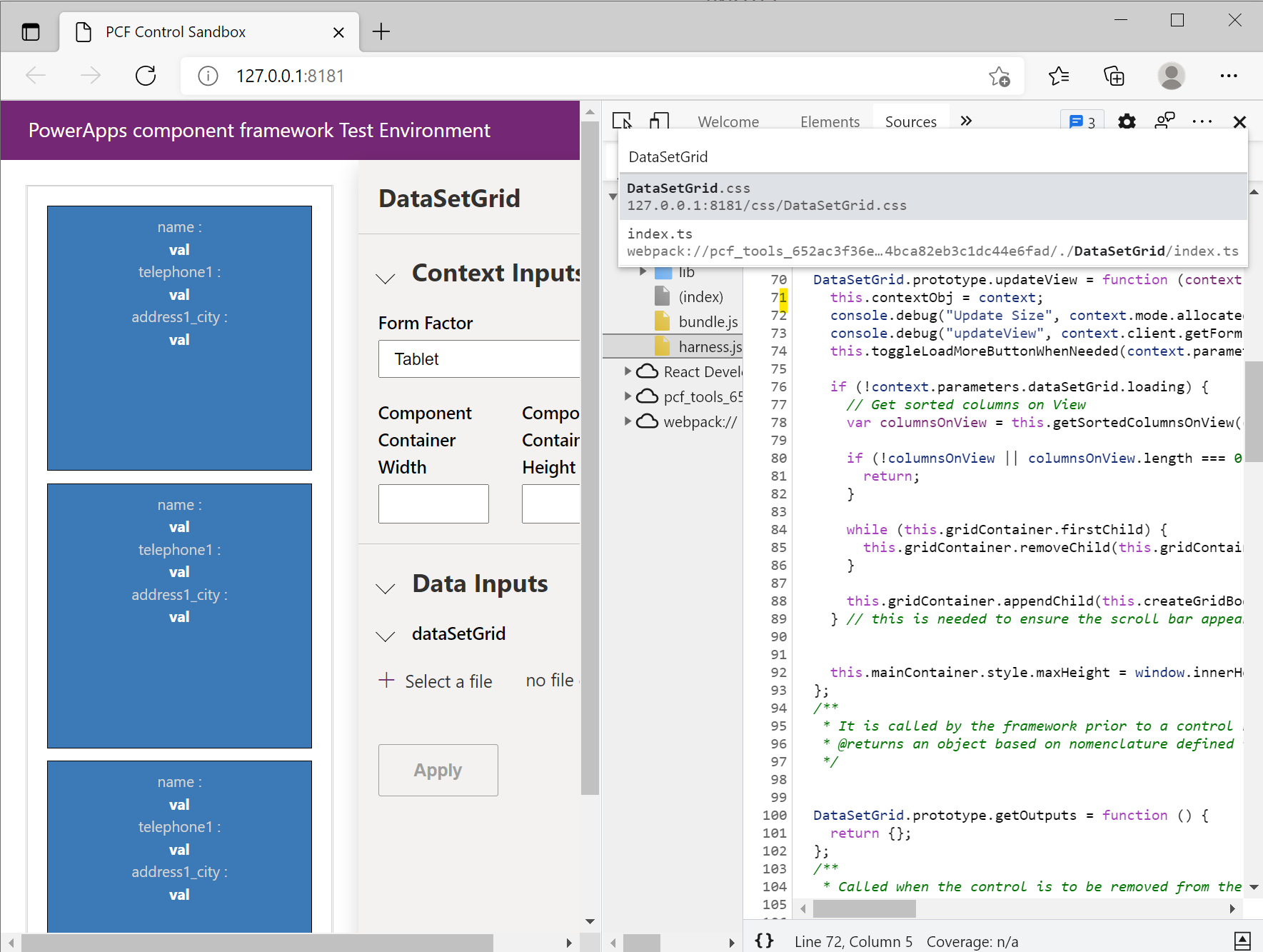 Screenshot von Microsoft Edge DevTools mit der Anzeige einer TypeScript-Quelldatei einer Codekomponente.