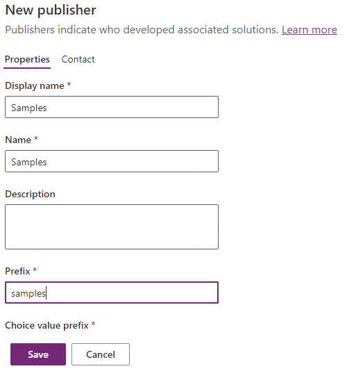 Screenshot des Dataverse-Formulars zum Hinzufügen eines Herausgebers einer Lösung mit dem Präfix „samples“.