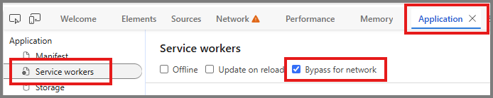 Screenshot des Bereichs „Service Workers“ mit ausgewählter Option „Bypass for network“.