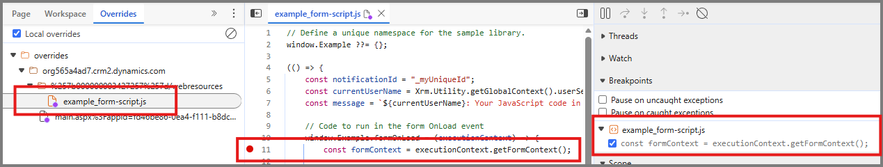 Screenshot des DevTools-Editors mit einem Haltepunkt im Example.formOnLoad-Ereignishandler.