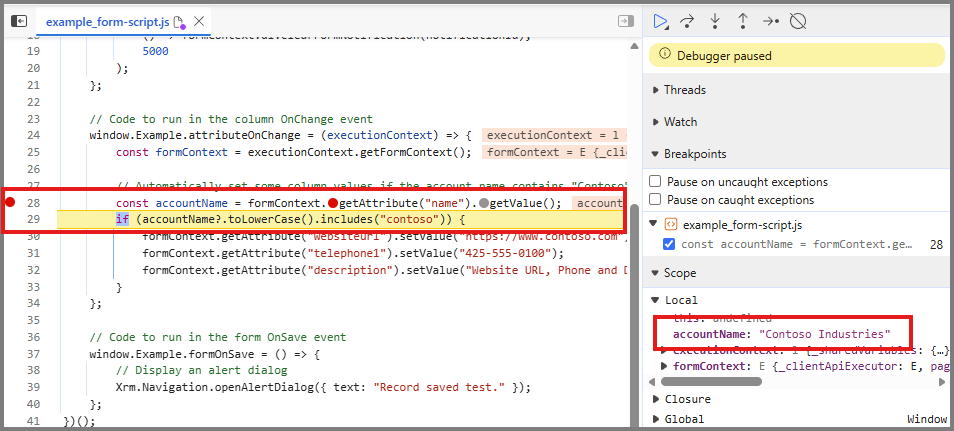 Screenshot von DevTools, die beim Überprüfen von accountName im Example.attributeOnChange-Ereignishandler angehalten wurden.