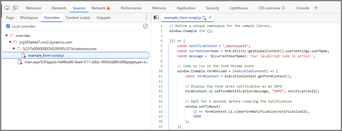Screenshot von example_form-script.js auf der Registerkarte „Overrides“ mit dem violetten Override-Indikator.