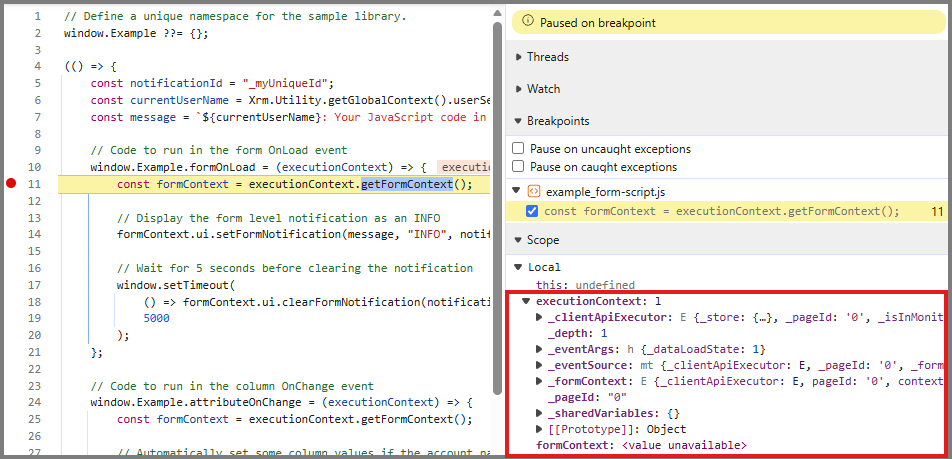 Screenshot des Bereichs „Scope“ der DevTools mit den Werten „executionContext“ und „formContext“.