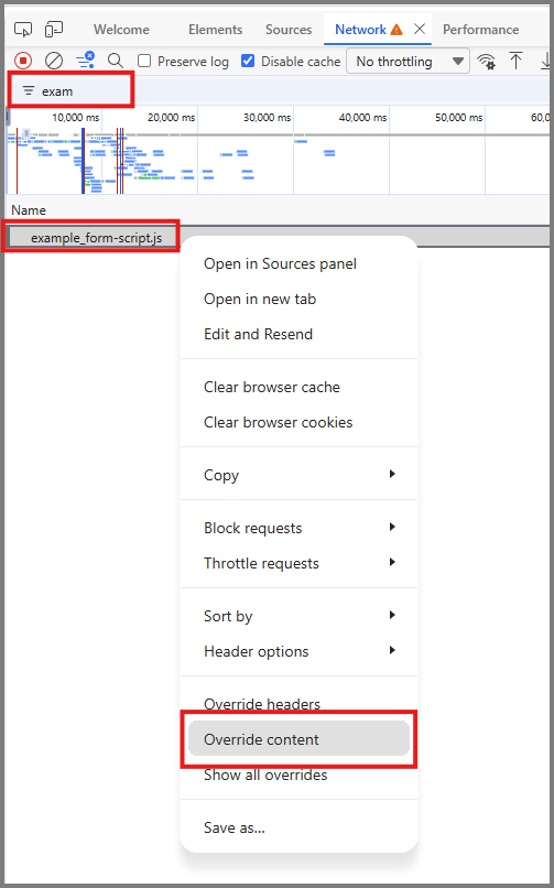 Screenshot des nach example_form-script.js gefilterten Netzwerk-Tools, wobei der Befehl „Inhalt außer Kraft setzen“ ausgewählt ist.
