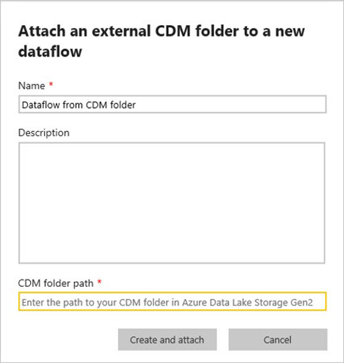 Screenshot des Bildschirms „Einen neuen CDM-Ordner an einen neuen Datenfluss anhängen“
