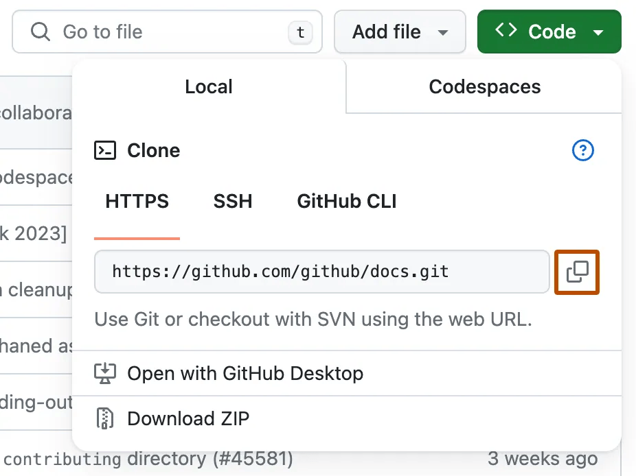 Screenshot des Dropdown-Menüs der Schaltfläche „Code“ mit Optionen zum Klonen.