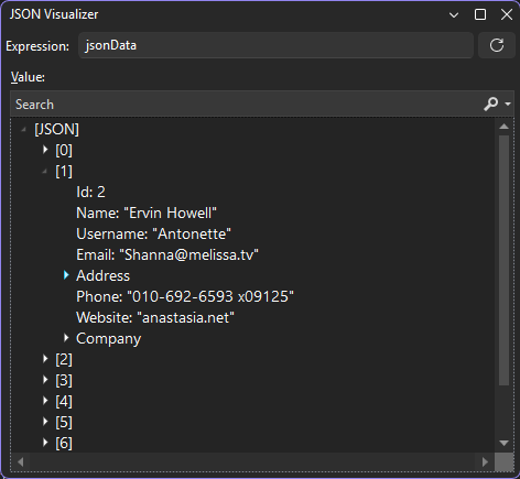 Screenshot, der den JSON-Zeichenfolgen-Visualizer zeigt.