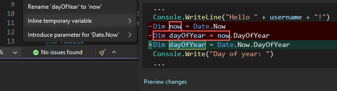 Screenshot mit dem Vorschlag für temporäre Inlinevariablen in Visual Studio.