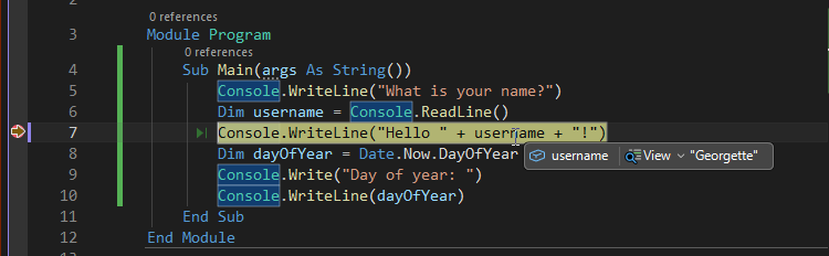 Screenshot, der einen Variablenwert während des Debuggens in Visual Studio anzeigt.