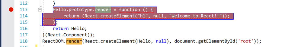 Screenshot des Visual Studio Code-Fensters. Eine Rückgabeanweisung ist ausgewählt, und ein roter Punkt in der linken Seitenleiste gibt an, dass ein Haltepunkt festgelegt ist.
