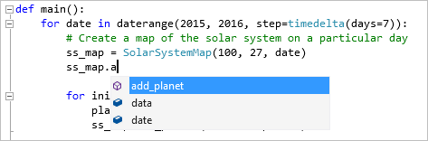 Screenshot mit Codeabschluss für Python-Code in Visual Studio.