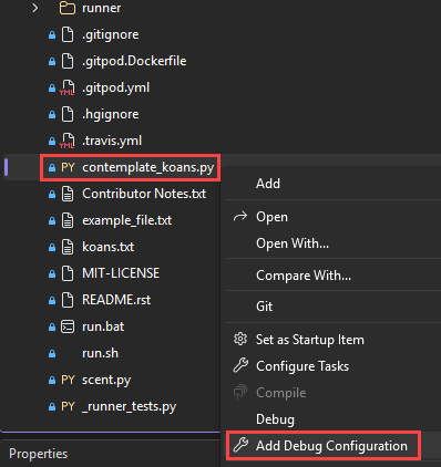 Screenshot, der zeigt, wie Sie für eine ausgewählte Datei in Visual Studio die Option „Debugkonfiguration hinzufügen“ auswählen.