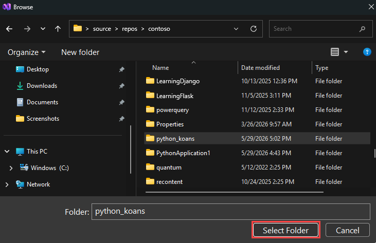 Screenshot, der zeigt, wie Sie den lokalen Ordner in Visual Studio auswählen.