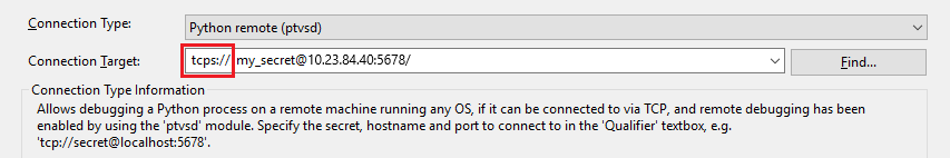 Screenshot, der zeigt, wie TCPS als Remotedebugging-Transport mit SSL angegeben wird.