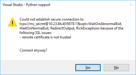 Screenshot der Warnung, die besagt, dass das Remote-SSL-Zertifikat nicht vertrauenswürdig ist.