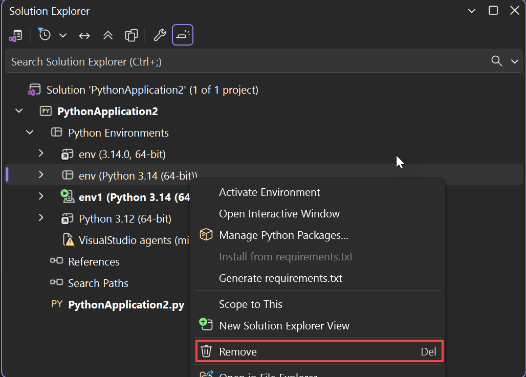 Screenshot, der zeigt, wie Sie eine Python-Umgebung entfernen.