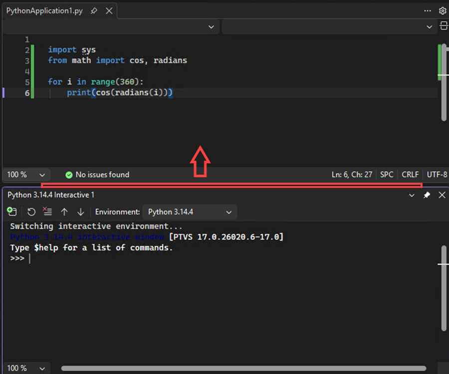 Screenshot, der zeigt, wie Sie das Trennzeichen verschieben, um die Größe des interaktiven Fensters in Visual Studio zu erhöhen.