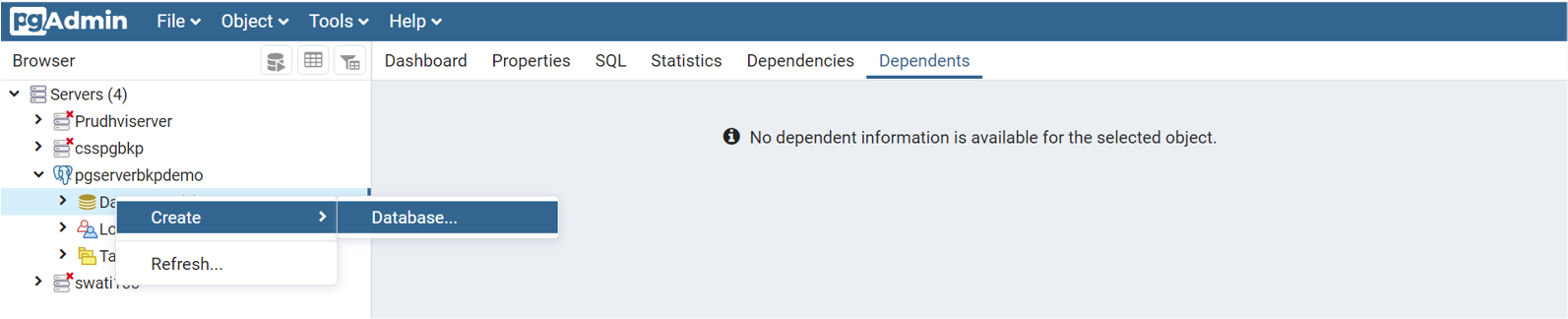Screenshot that shows menu selections for adding new databases and database users to a server.