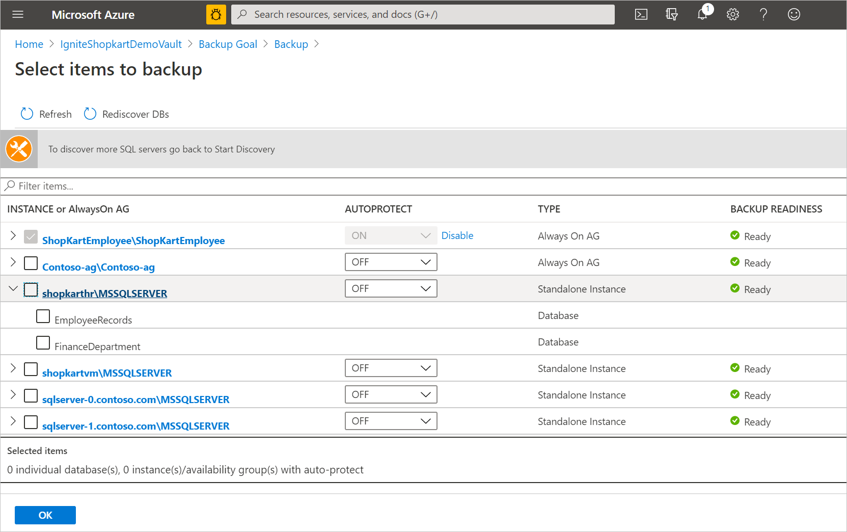 Screenshot of the pane for selecting items to back up.