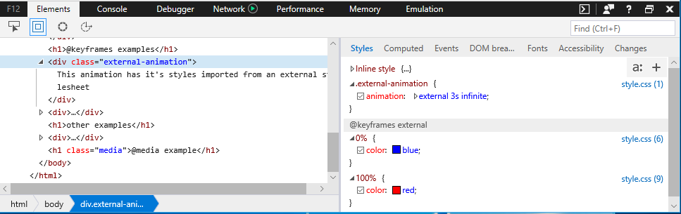 CSS at-rules inspection from the DevTools Style pane