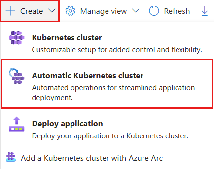 The screenshot of the Create Automatic AKS cluster button in the Azure portal.