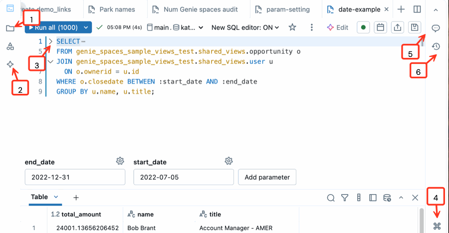 Screenshot showing the SQL editor with labeled callouts as indicated in the text.