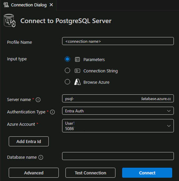 Screenshot of PostgreSQL extension for Visual Studio Code connection dialog.