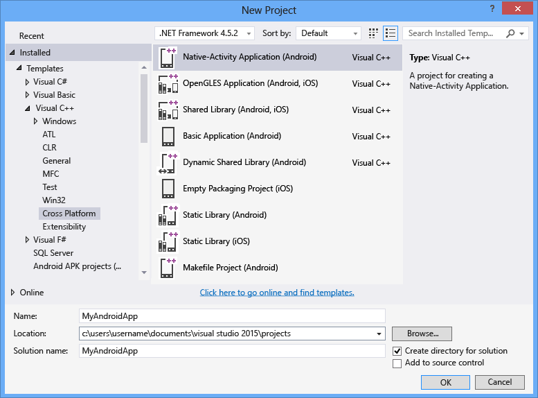 Create a Native Activity project Screenshot of using the New Project dialog to create a Native Activity project.