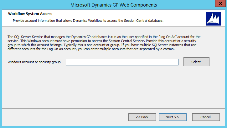 Workflow system access shows a screen for specifying the account for the dynamics workflow access.