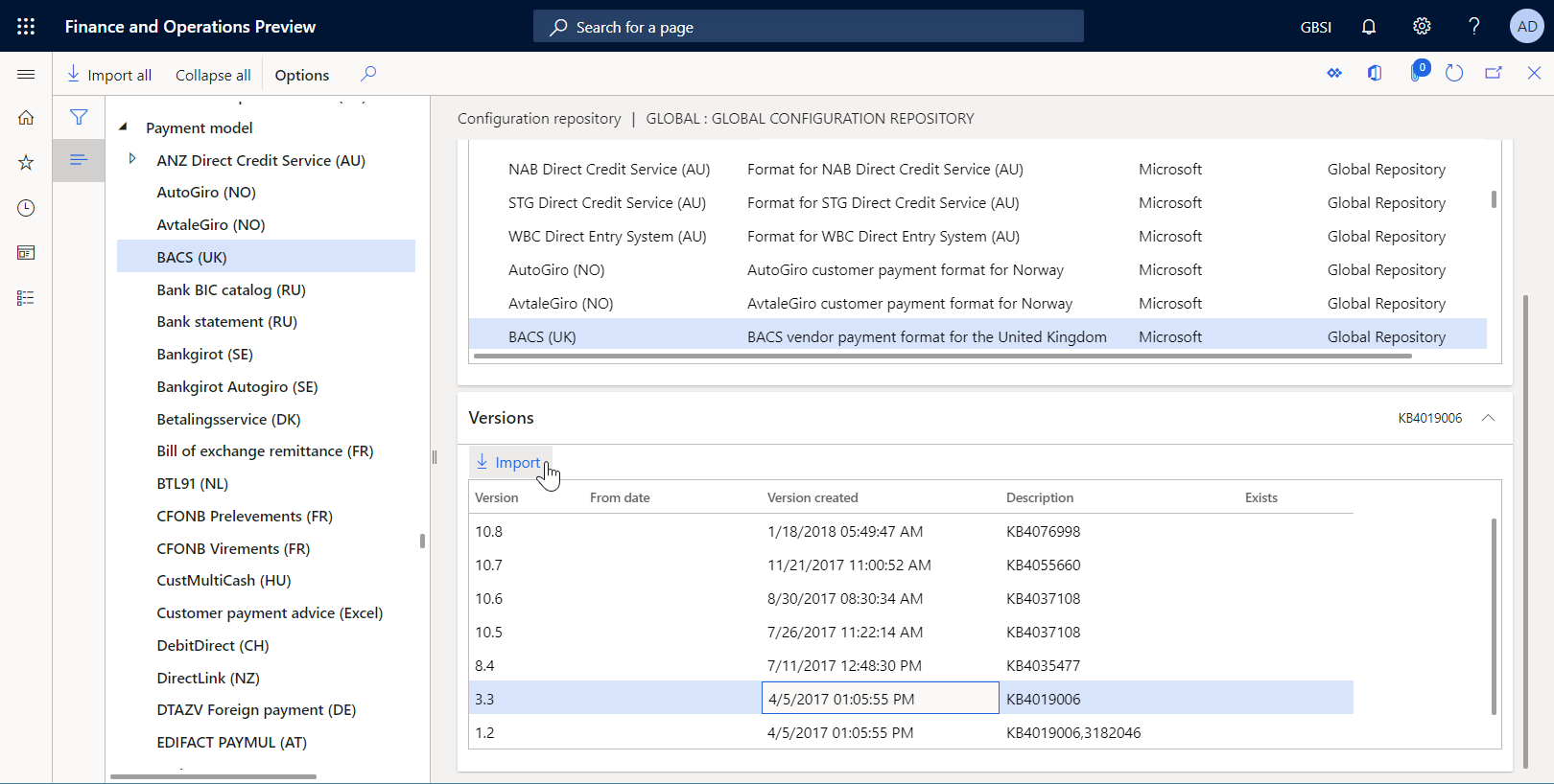 Screenshot of the Configuration repository page, Versions FastTab, Import button.