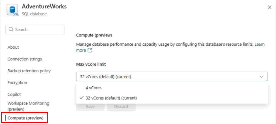 Screenshot from the Fabric portal showing how to configure the maximum v Core limit for a SQL database.