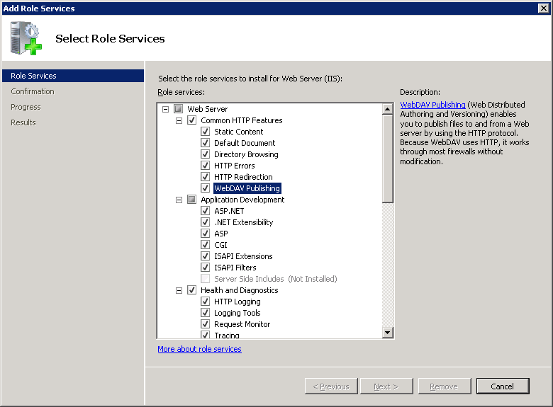 Screenshot of Server Manager hierarchy pane with Roles expanded and Web DAV Publishing selected.
