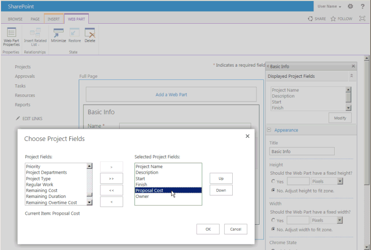 Editing the Project Fields web part in a PDP Editing the Project Fields web part in a PDP