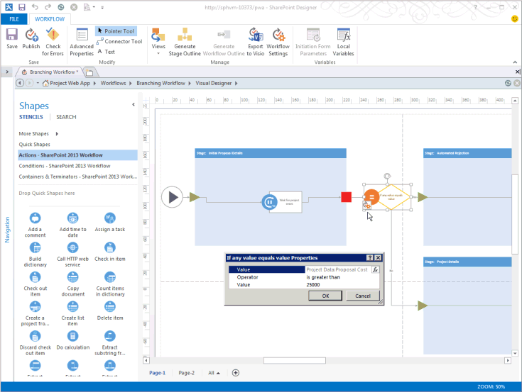Using the Visio design view of the workflow Using the Visio design view of the workflow