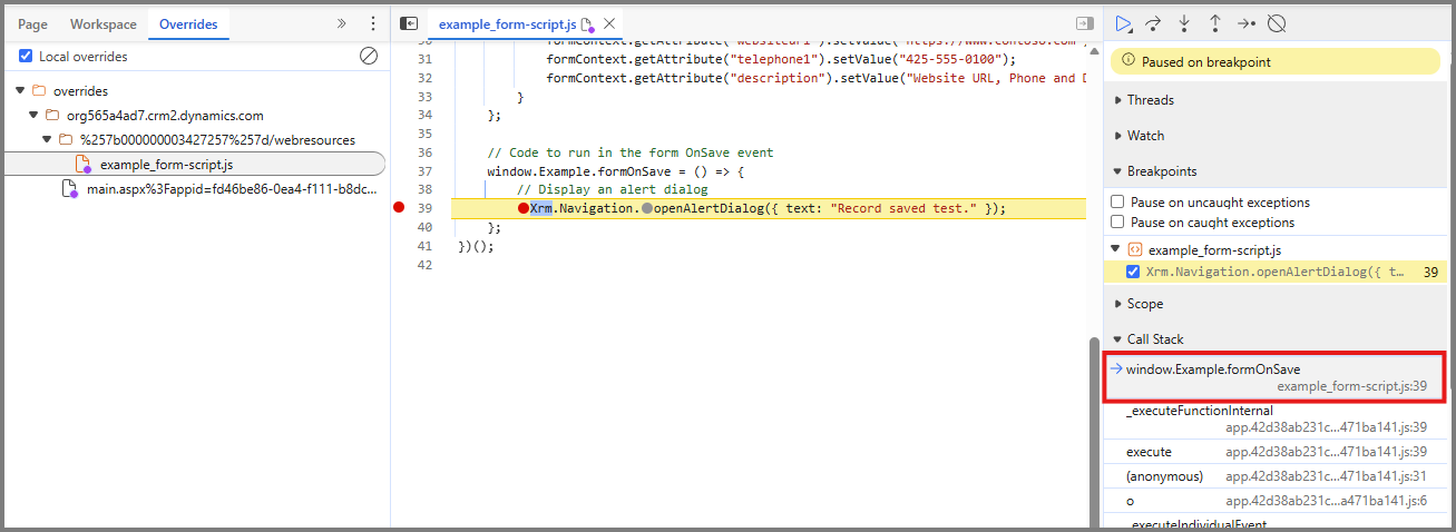 Screenshot of the DevTools debugger call stack paused in the Example.formOnSave event handler.
