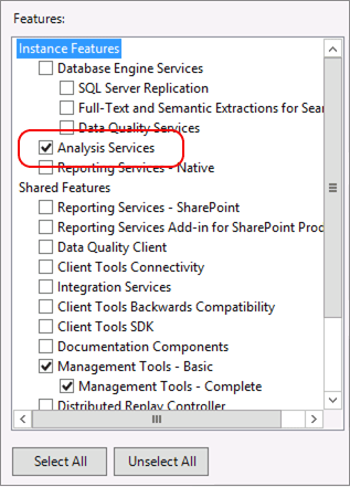 Setup feature tree showing Analsyis Services Setup feature tree showing Analsyis Services