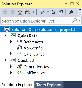 Solution Explorer with two projects in Visual Studio 2017. Screenshot that shows Solution Explorer with two projects.