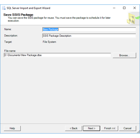 Save SSIS Package page of the Import and Export Wizard Screenshot showing the Save SSIS Package page of the Import and Export Wizard if you selected the File system option on the Save and Run Package page.