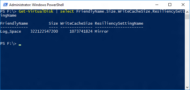 Get-VirtualDisk Screenshot of a Windows Powershell window showing the output of the Get-VirtualDisk cmdlet.