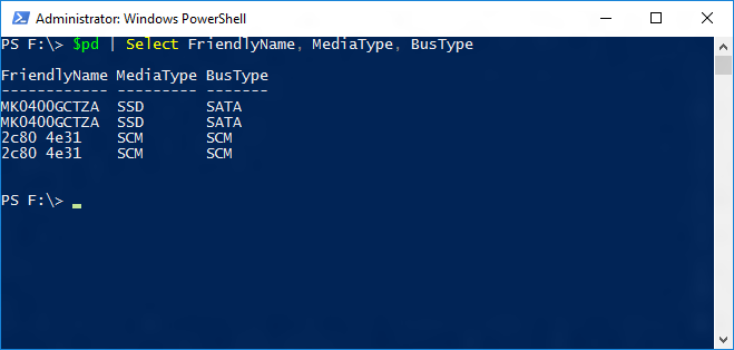Select FriendlyName Screenshot of a Windows Powershell window showing the output of the $pd cmdlet.