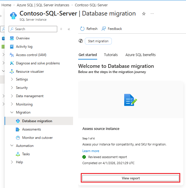 Screenshot that shows the Database migration pane for the SQL Server instance in the Azure portal, with View report highlighted.