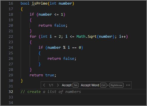 Screenshot of Visual Studio Code editor showing a ghost text suggestion completing a comment to '// create a list of numbers'.