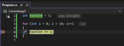 Breakpoint execution Screenshot that shows debugging stopped at a breakpoint.