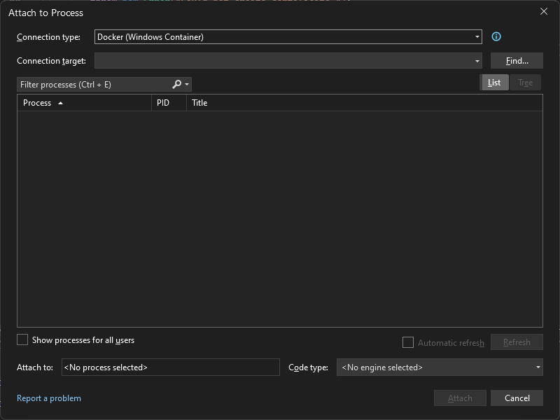 Attach_To_Process_Menu Screenshot of the Attach to Process dialog in Visual Studio showing a Connection type of Docker (Windows Container).