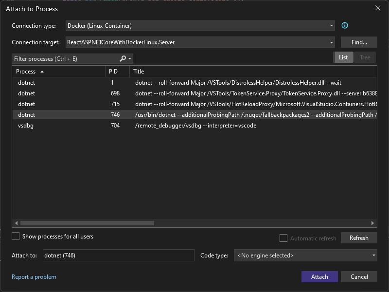 Completed Linux Docker Attach Menu Screenshot of the Attach to Process dialog in Visual Studio. Connection type is set to Docker (Linux Container) and the dotnet process is selected.