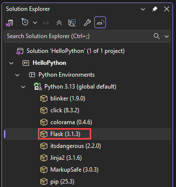 Screenshot that shows the Flask library installed and present in Solution Explorer in Visual Studio.