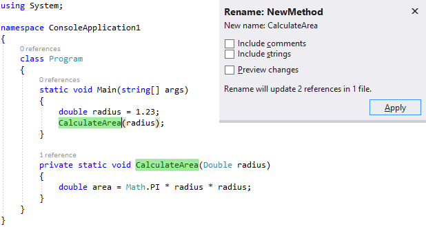 Screenshot of C# code for the Program class. A method name is highlighted and the Rename popup window is open.